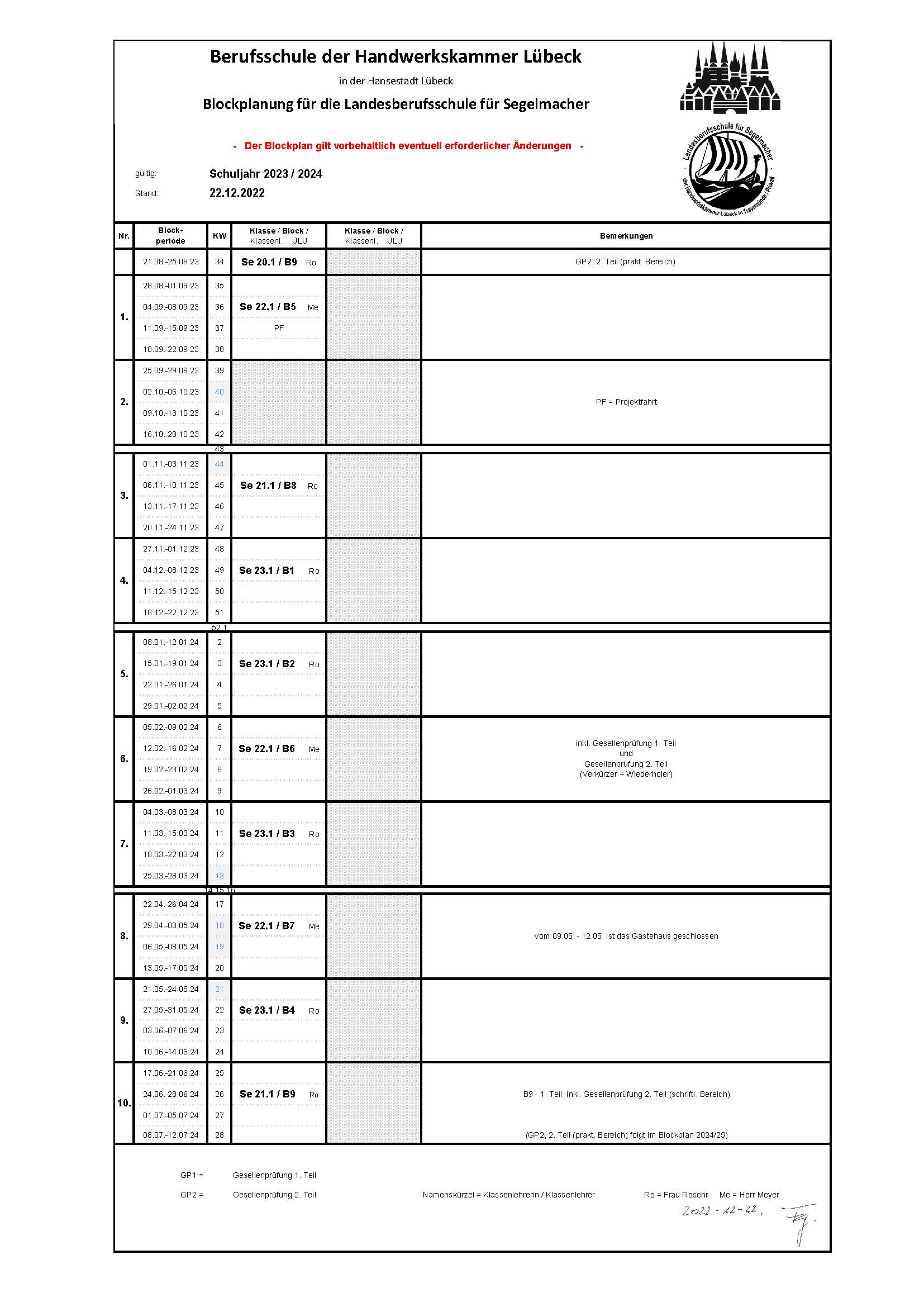 Blockplan Segelmacher 2023-24